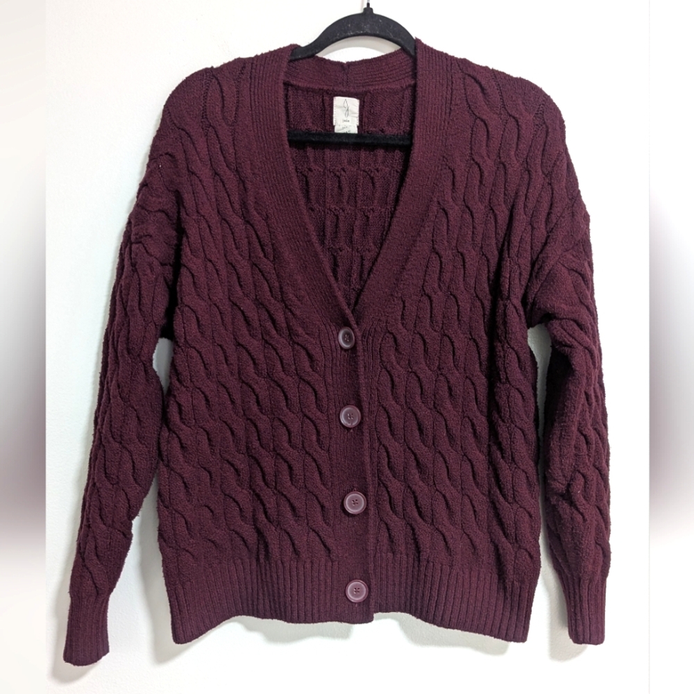 Joie Dark Red Long Sleeve Cable Knit Chunky V Neck Button‎ Front Cardigan S